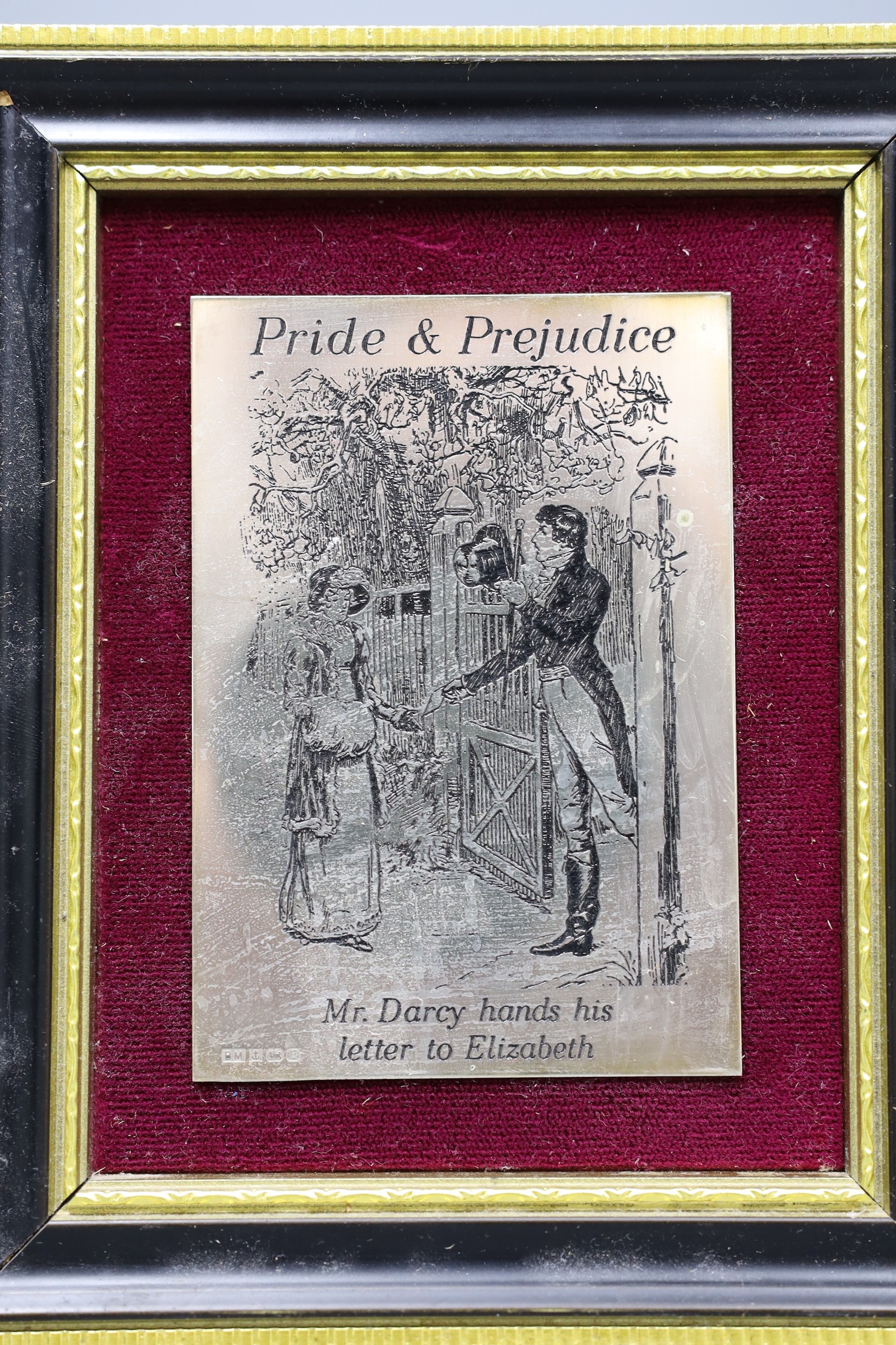 A set of six silver plaques, decorated with scenes from Jane Austen, 9.5 x 6.5cm